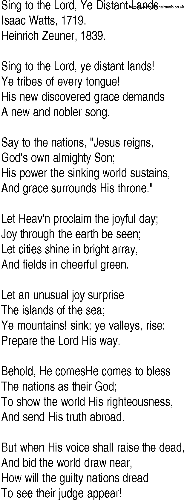 Hymn and Gospel Song: Sing to the Lord, Ye Distant Lands by Isaac Watts lyrics
