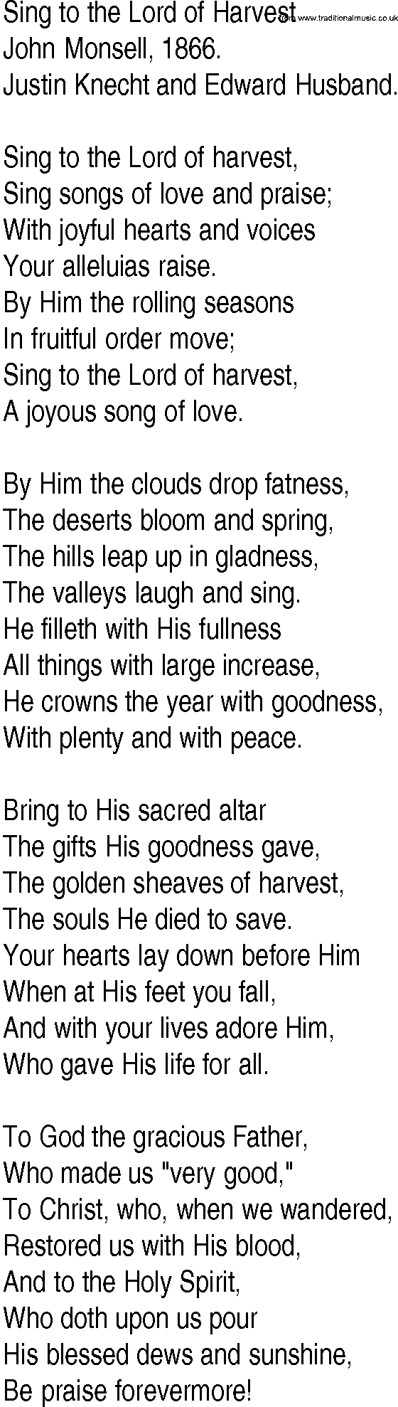 Hymn and Gospel Song: Sing to the Lord of Harvest by John Monsell lyrics