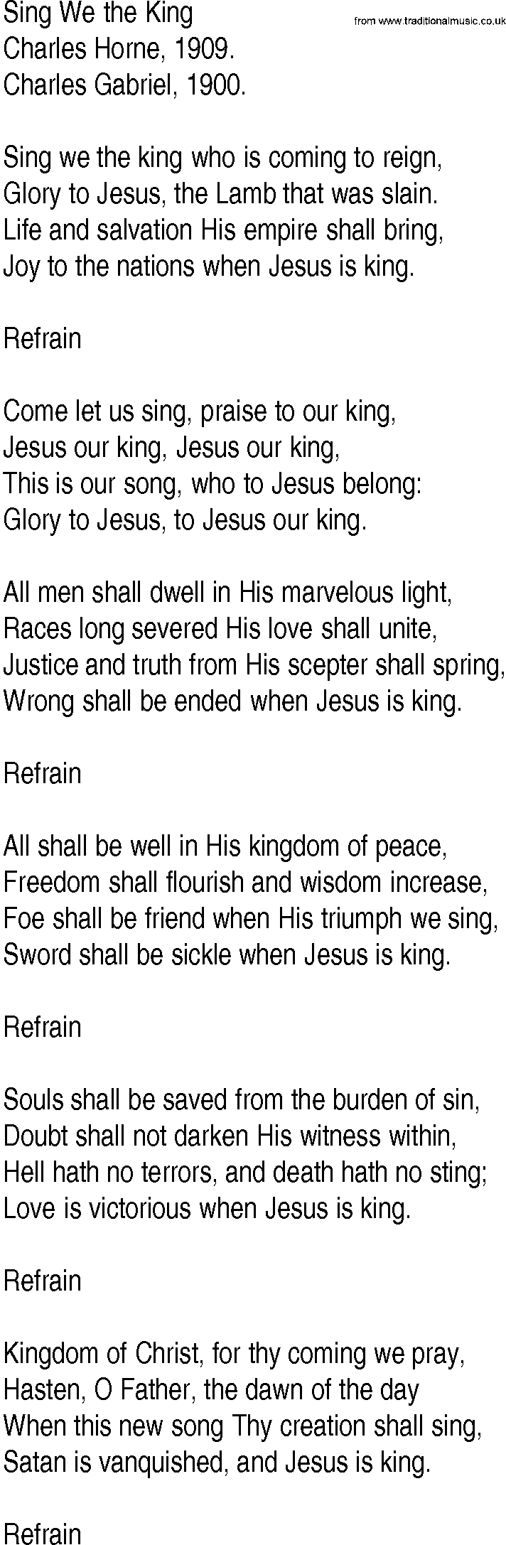 Hymn and Gospel Song: Sing We the King by Charles Horne lyrics