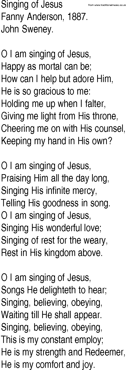 Hymn and Gospel Song: Singing of Jesus by Fanny Anderson lyrics
