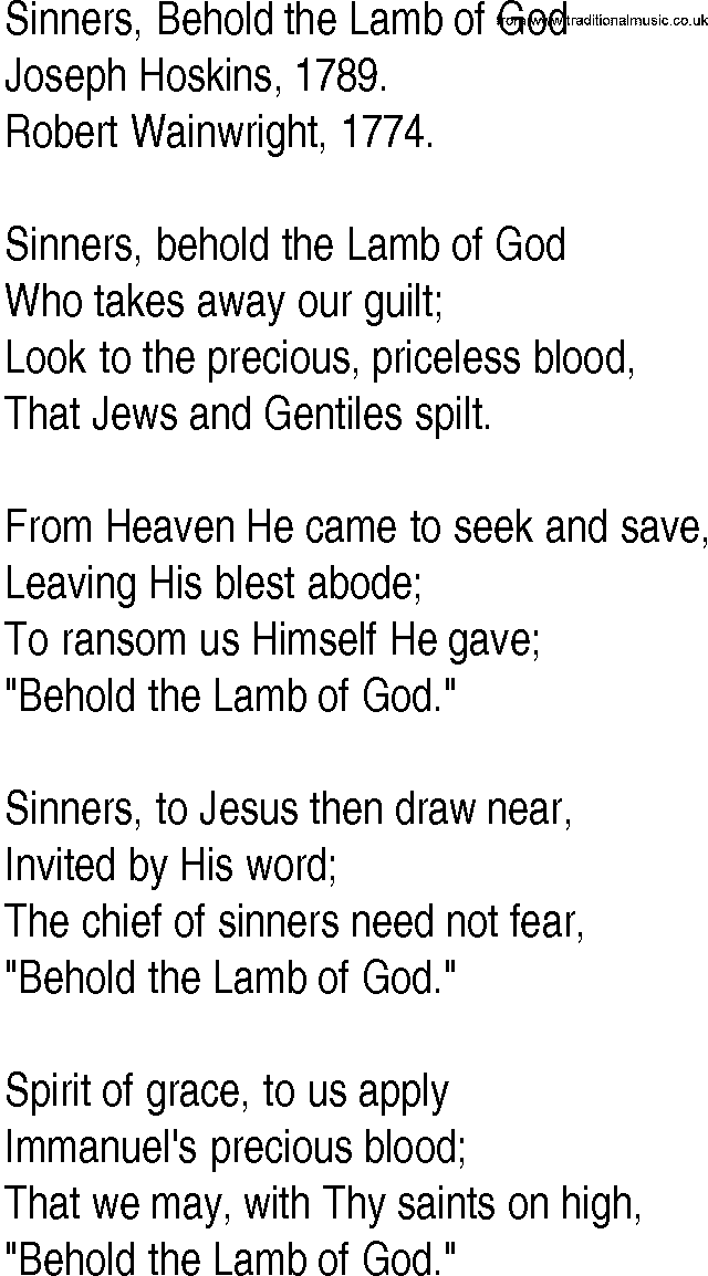 Hymn and Gospel Song: Sinners, Behold the Lamb of God by Joseph Hoskins lyrics