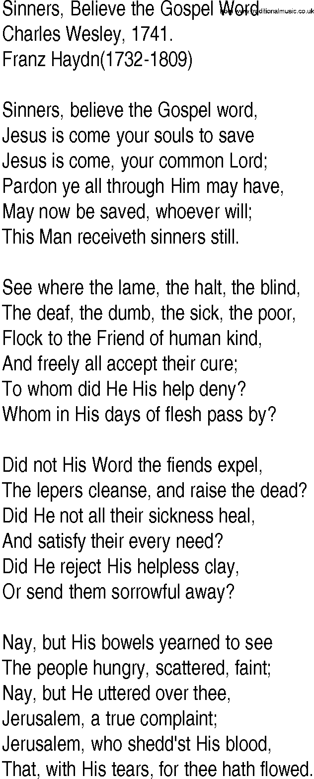 Hymn and Gospel Song: Sinners, Believe the Gospel Word by Charles Wesley lyrics