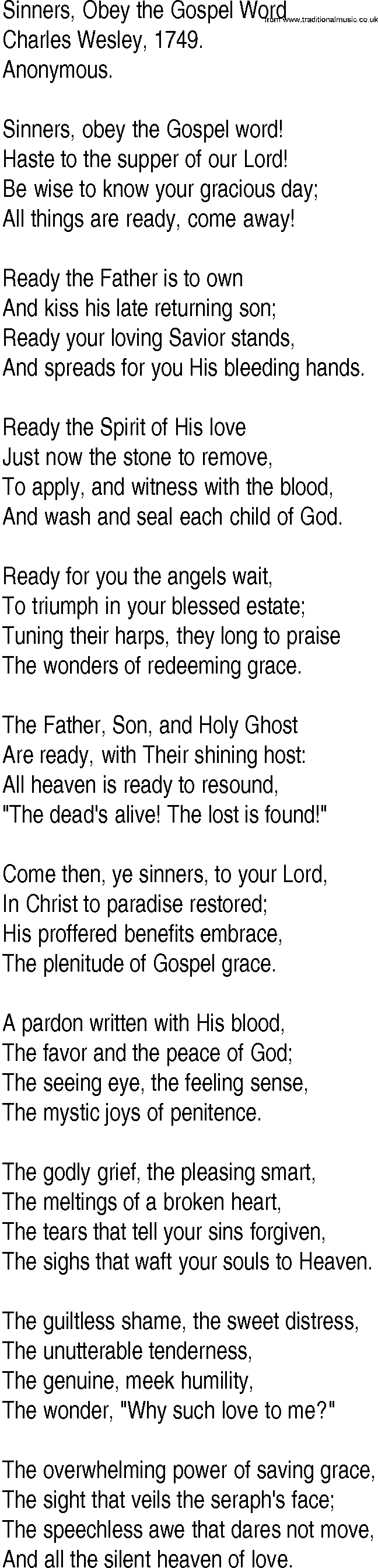 Hymn and Gospel Song: Sinners, Obey the Gospel Word by Charles Wesley lyrics