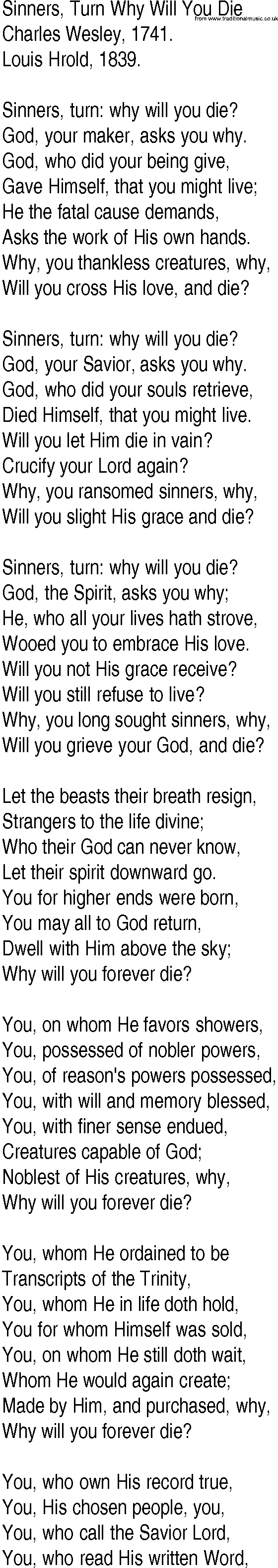 Hymn and Gospel Song: Sinners, Turn Why Will You Die by Charles Wesley lyrics