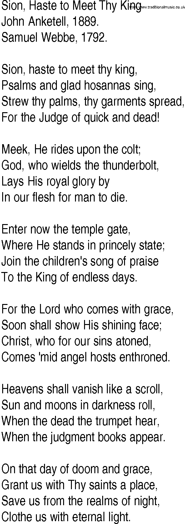 Hymn and Gospel Song: Sion, Haste to Meet Thy King by John Anketell lyrics