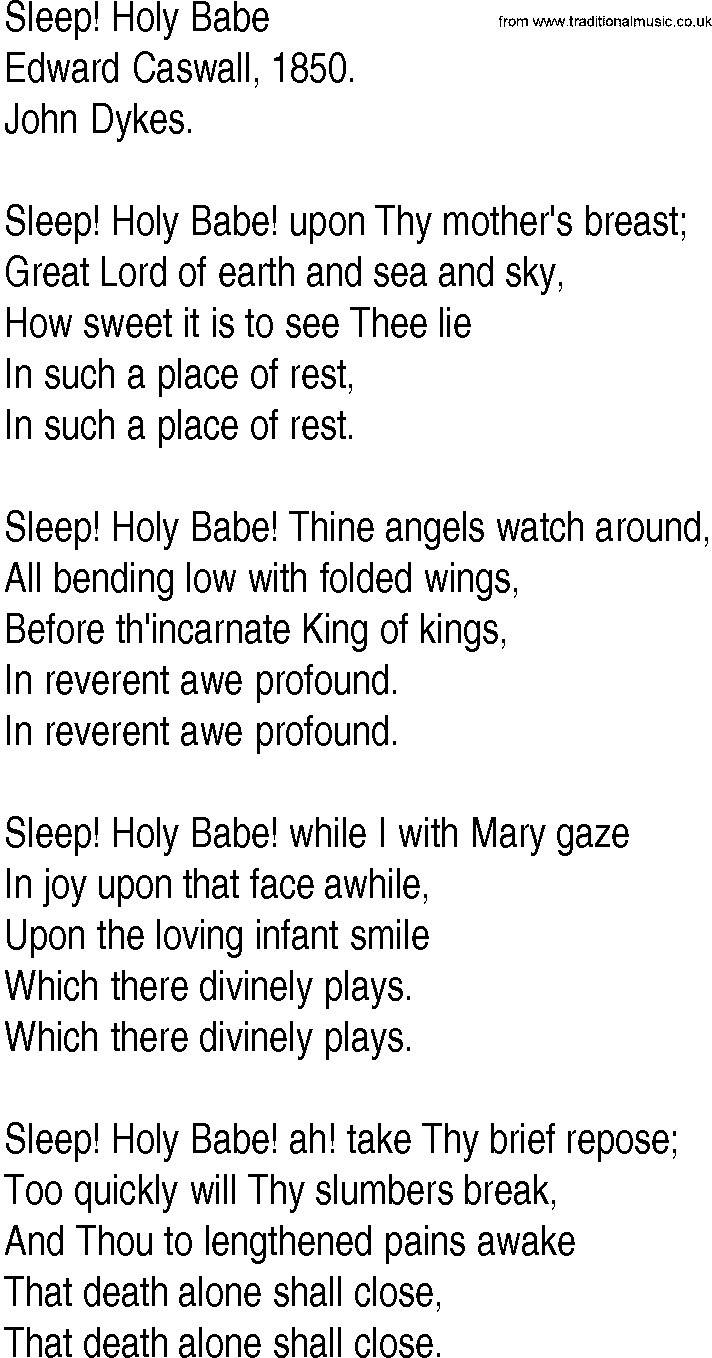Hymn and Gospel Song: Sleep! Holy Babe by Edward Caswall lyrics