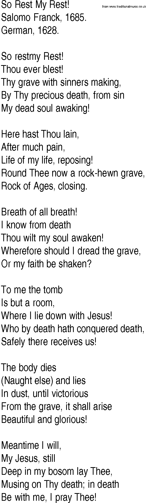 Hymn and Gospel Song: So Rest My Rest! by Salomo Franck lyrics