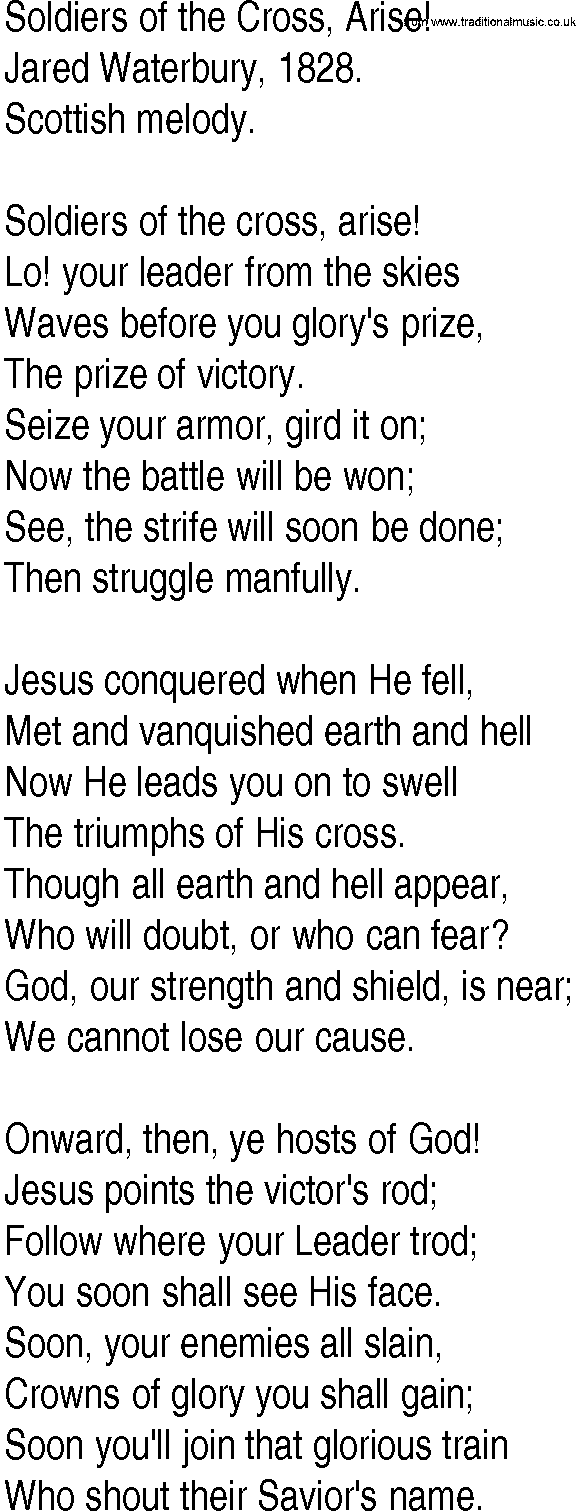 Hymn and Gospel Song: Soldiers of the Cross, Arise! by Jared Waterbury lyrics