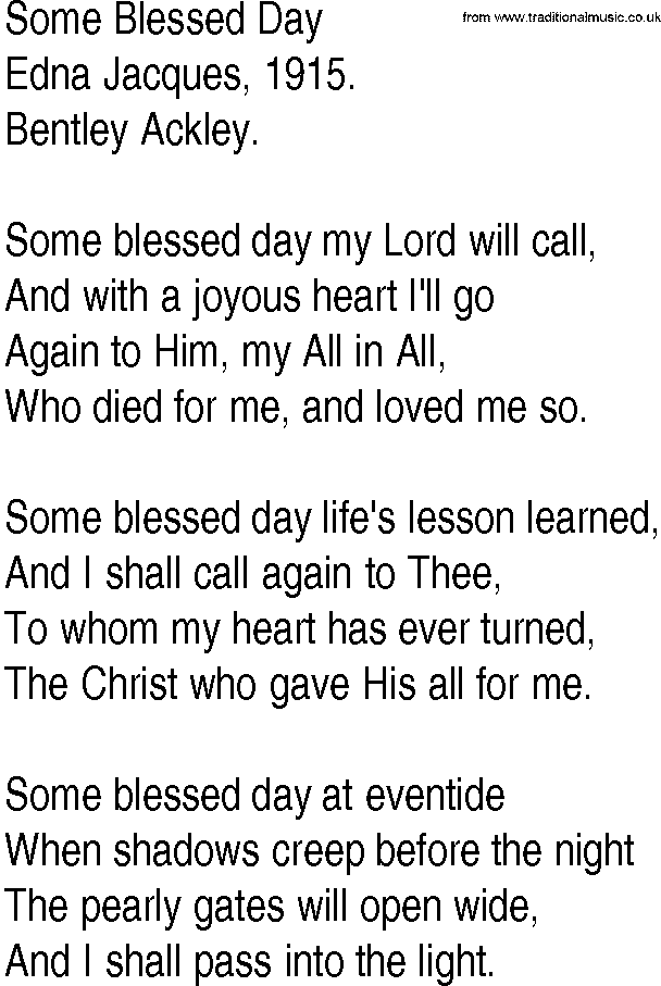 Hymn and Gospel Song: Some Blessed Day by Edna Jacques lyrics