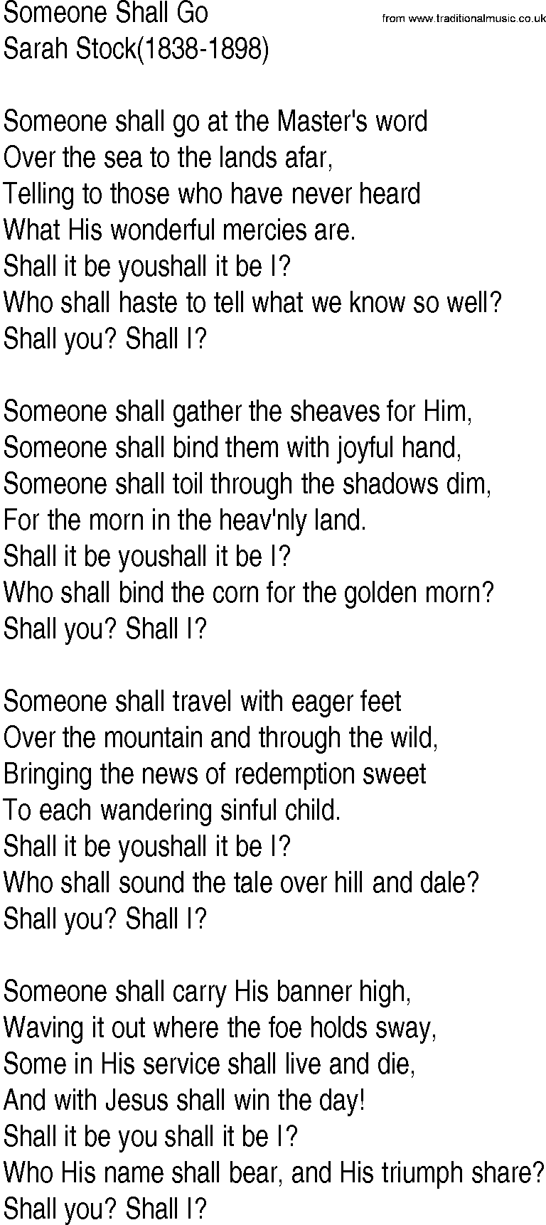 Hymn and Gospel Song: Someone Shall Go by Sarah Stock lyrics
