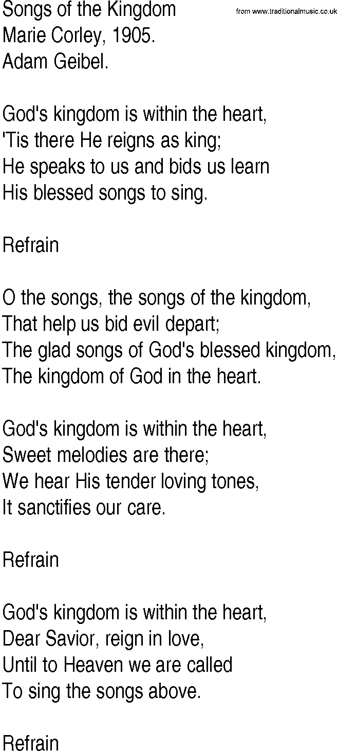 Hymn and Gospel Song: Songs of the Kingdom by Marie Corley lyrics