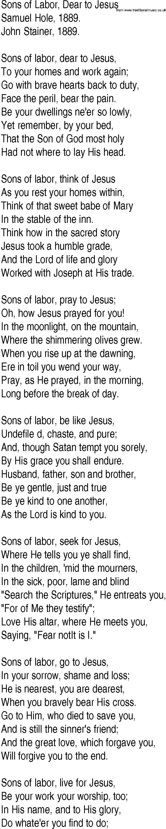 Hymn and Gospel Song: Sons of Labor, Dear to Jesus by Samuel Hole lyrics