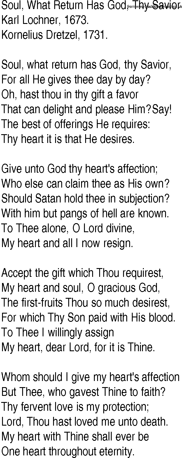 Hymn and Gospel Song: Soul, What Return Has God, Thy Savior by Karl Lochner lyrics