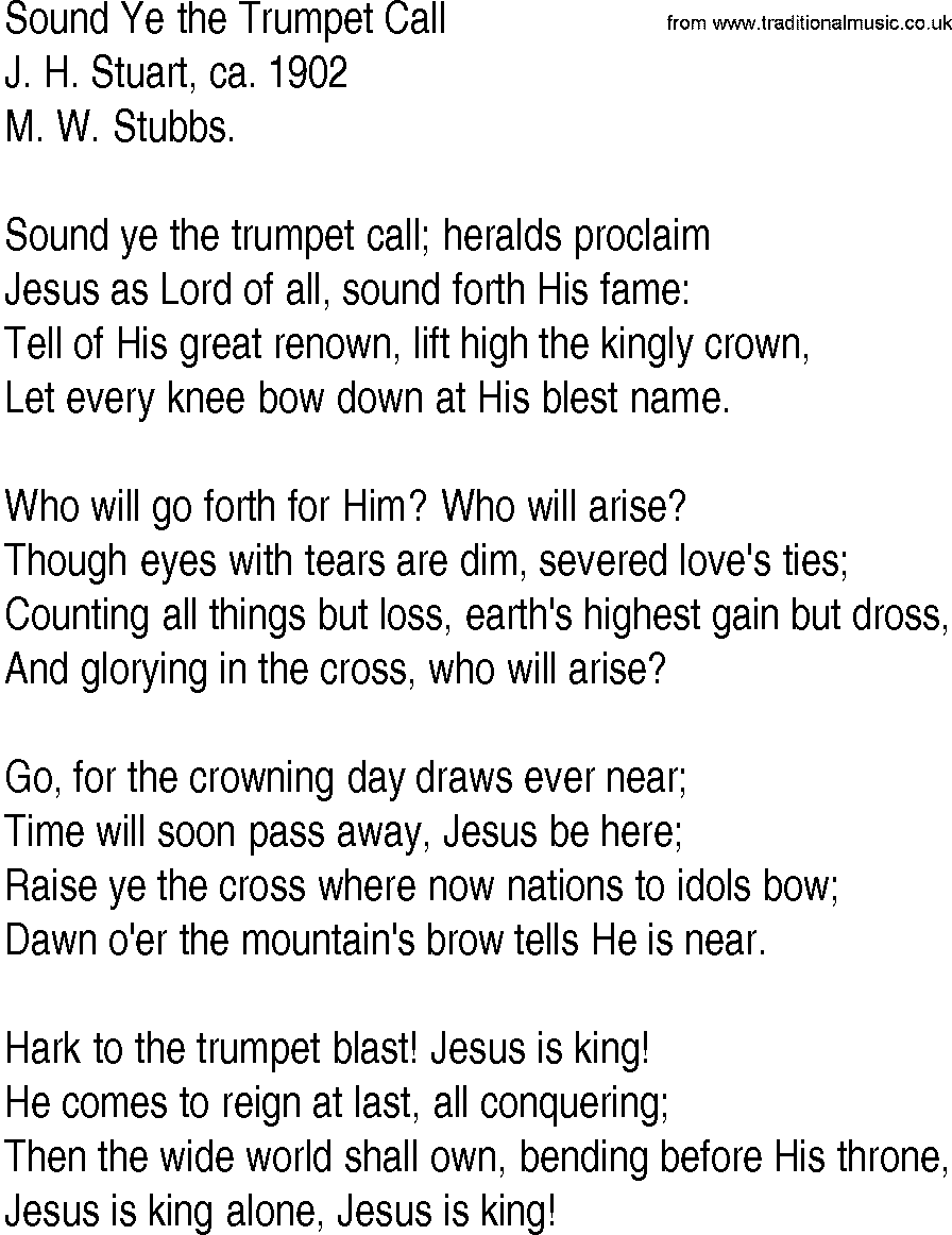 Hymn and Gospel Song: Sound Ye the Trumpet Call by J H Stuart ca lyrics