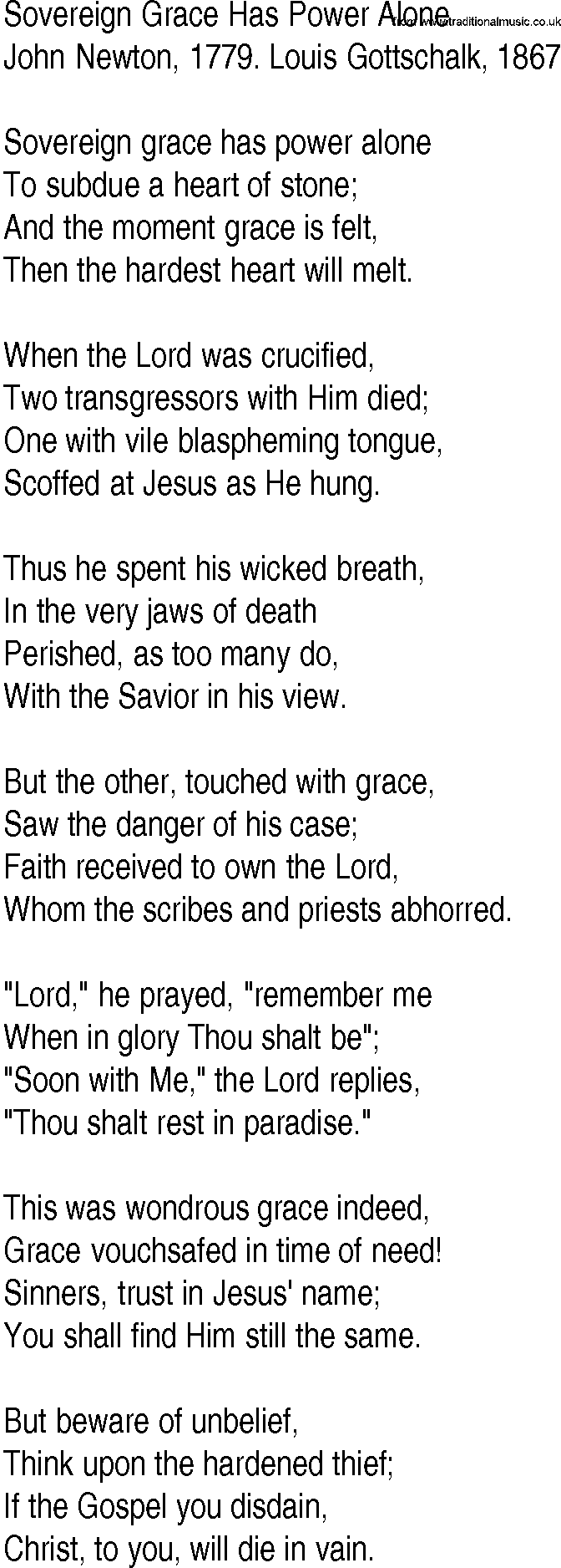 Hymn and Gospel Song: Sovereign Grace Has Power Alone by John Newton  Louis Gottschalk lyrics
