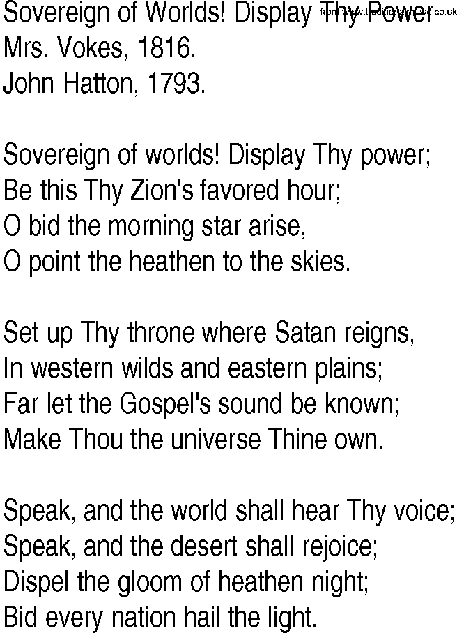 Hymn and Gospel Song: Sovereign of Worlds! Display Thy Power by Mrs Vokes lyrics