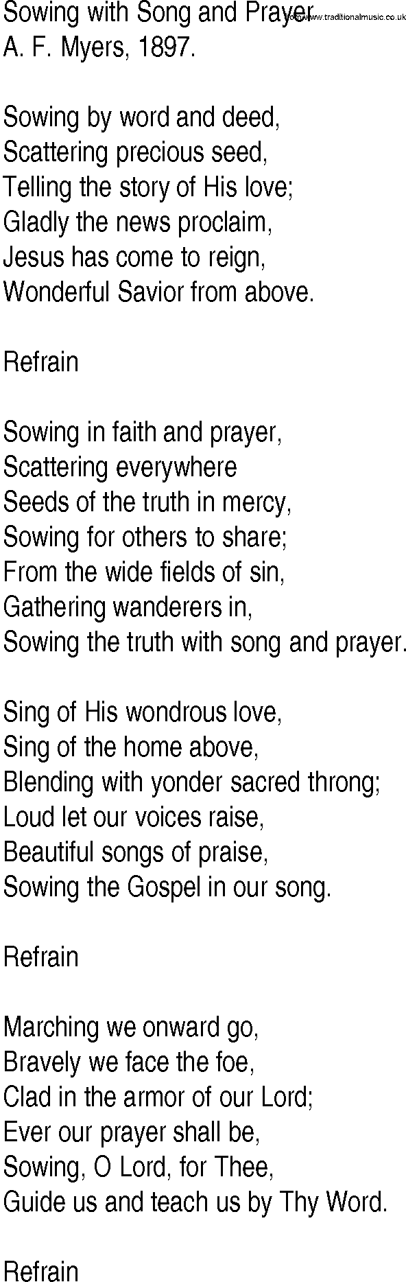 Hymn and Gospel Song: Sowing with Song and Prayer by A F Myers lyrics