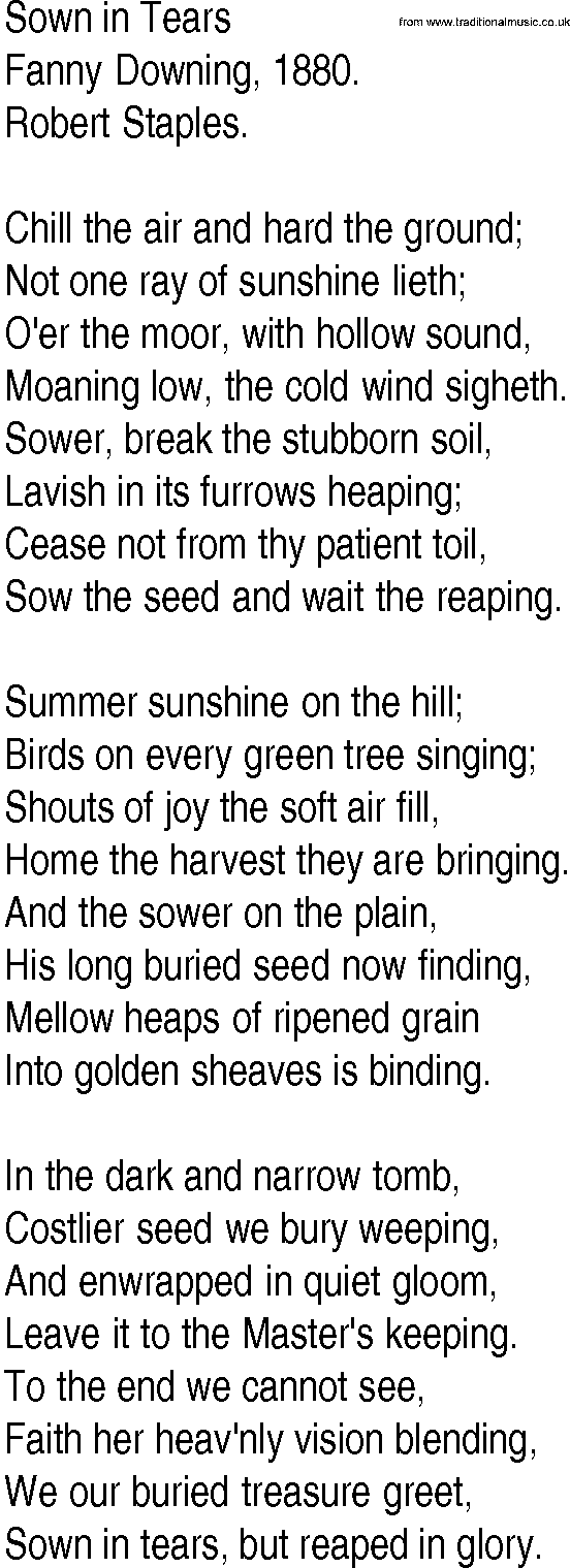 Hymn and Gospel Song: Sown in Tears by Fanny Downing lyrics
