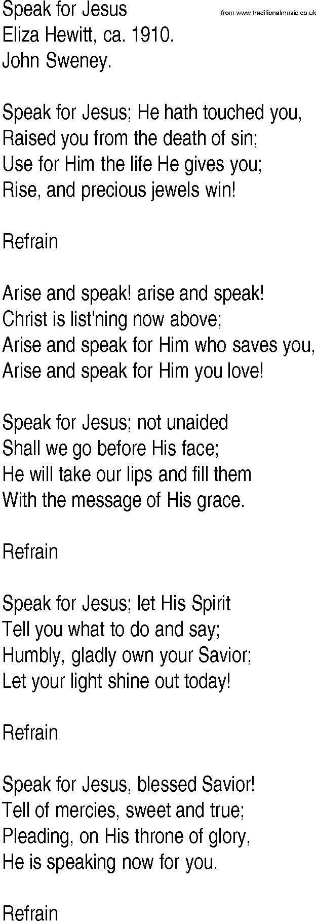 Hymn and Gospel Song: Speak for Jesus by Eliza Hewitt ca lyrics