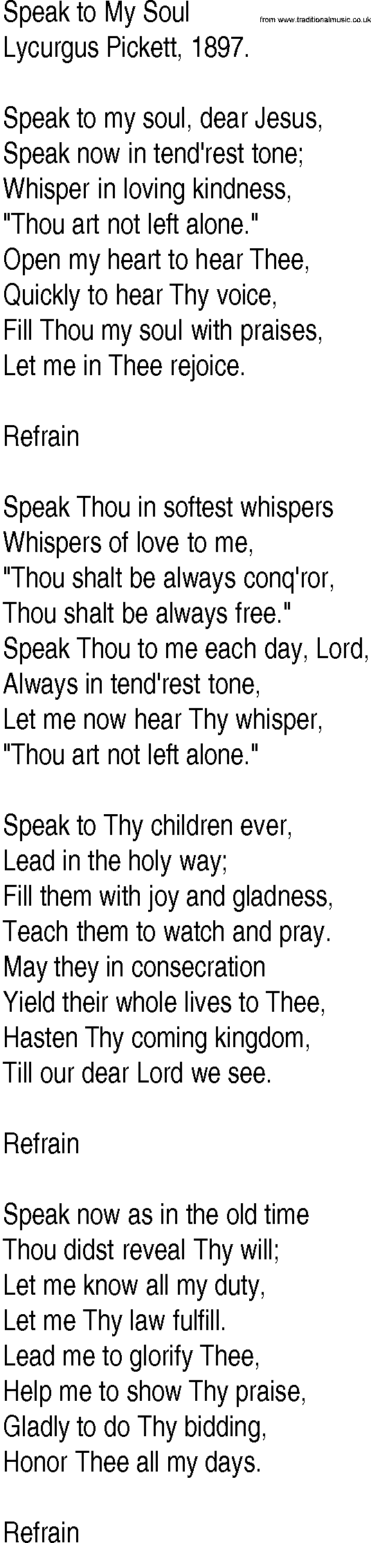 Hymn and Gospel Song: Speak to My Soul by Lycurgus Pickett lyrics