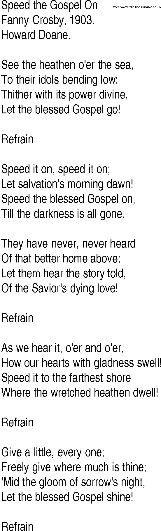 Hymn and Gospel Song: Speed the Gospel On by Fanny Crosby lyrics
