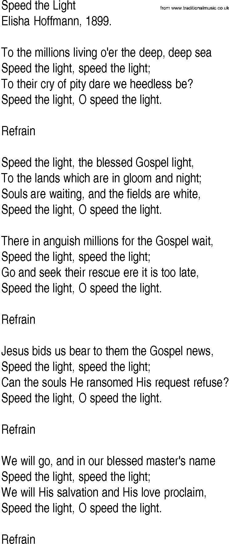 Hymn and Gospel Song: Speed the Light by Elisha Hoffmann lyrics