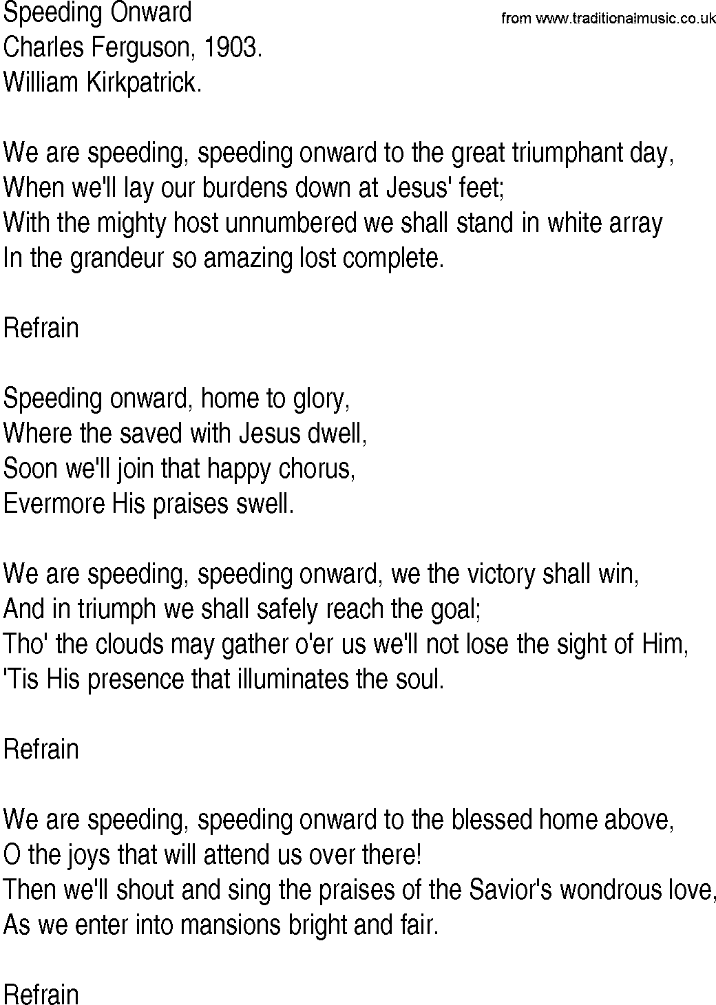 Hymn and Gospel Song: Speeding Onward by Charles Ferguson lyrics
