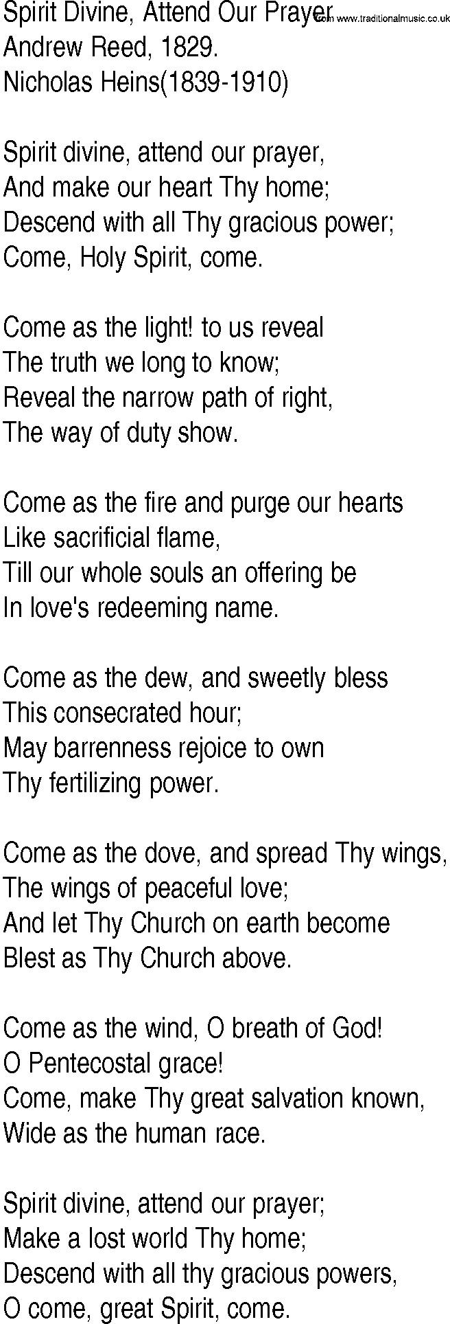 Hymn and Gospel Song: Spirit Divine, Attend Our Prayer by Andrew Reed lyrics