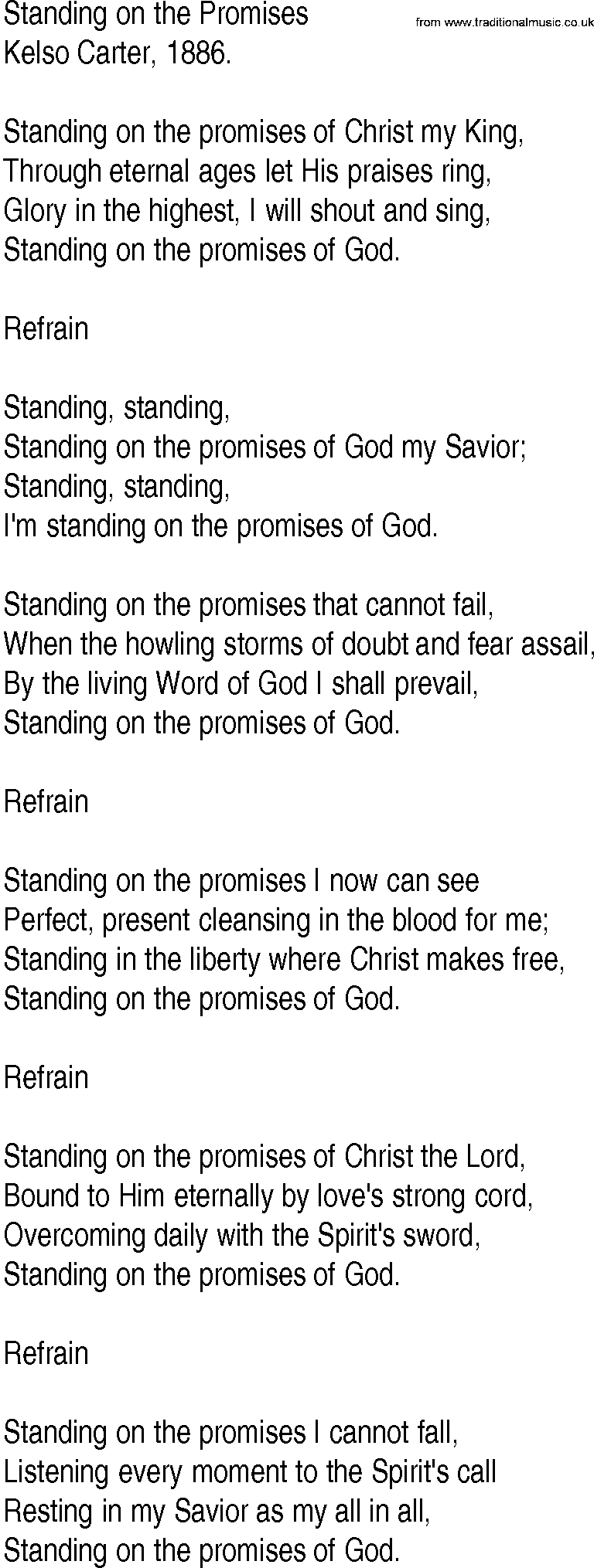 Hymn and Gospel Song: Standing on the Promises by Kelso Carter lyrics