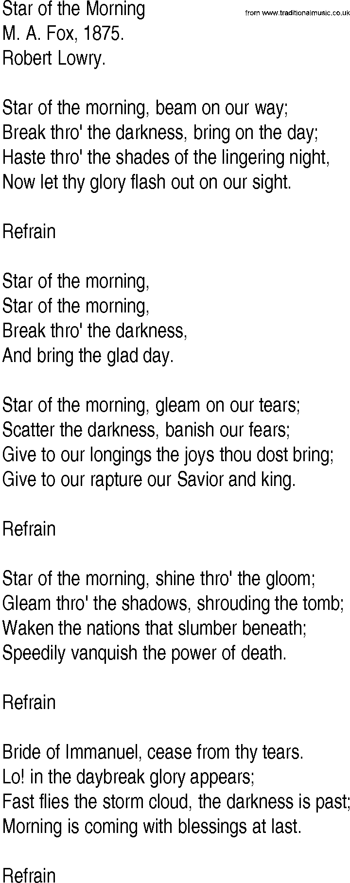 Hymn and Gospel Song: Star of the Morning by M A Fox lyrics