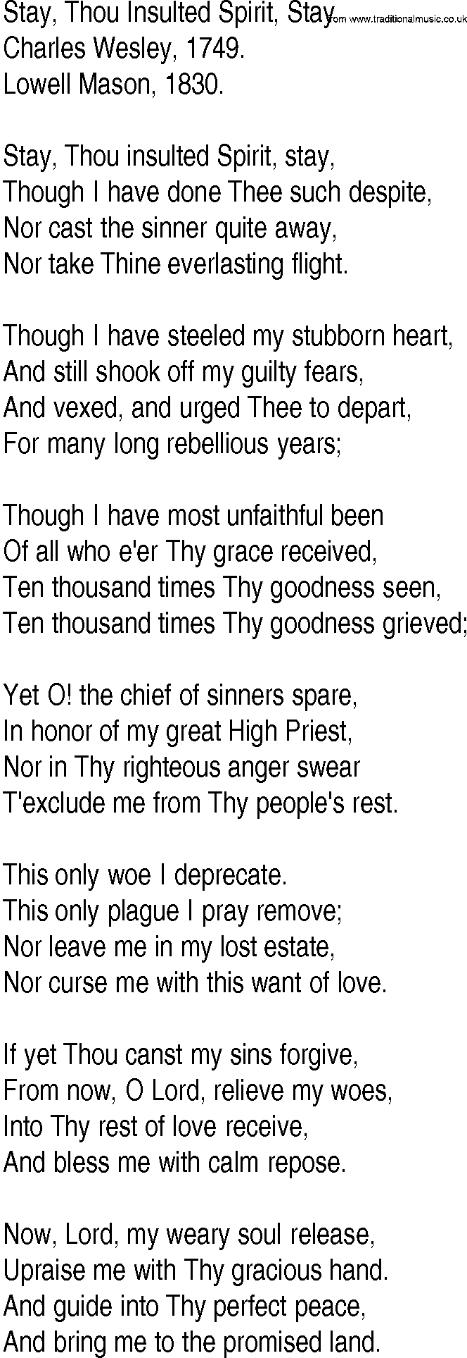 Hymn and Gospel Song: Stay, Thou Insulted Spirit, Stay by Charles Wesley lyrics