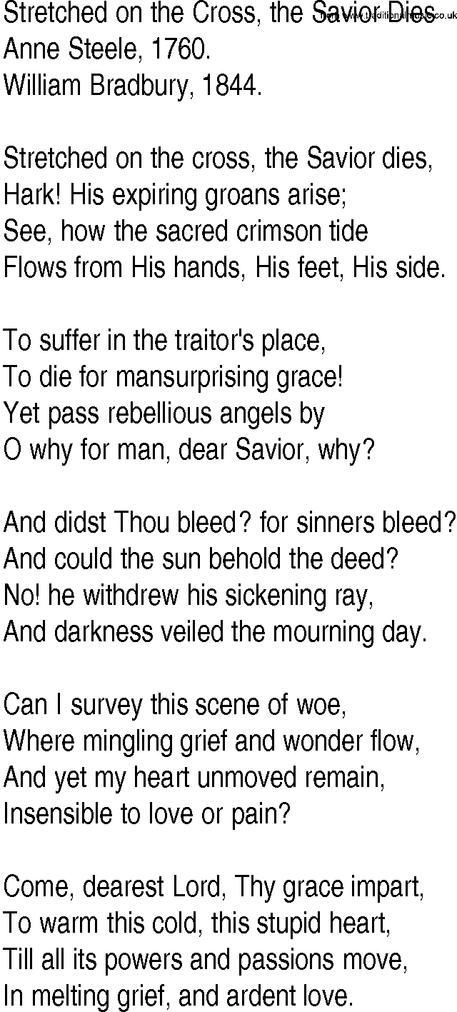 Hymn and Gospel Song: Stretched on the Cross, the Savior Dies by Anne Steele lyrics