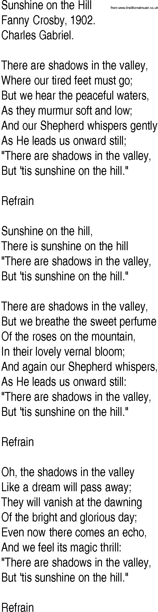 Hymn and Gospel Song: Sunshine on the Hill by Fanny Crosby lyrics