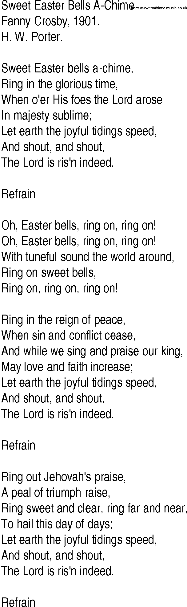 Hymn and Gospel Song: Sweet Easter Bells A-Chime by Fanny Crosby lyrics
