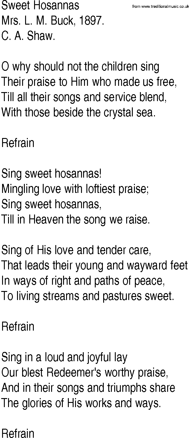 Hymn and Gospel Song: Sweet Hosannas by Mrs L M Buck lyrics