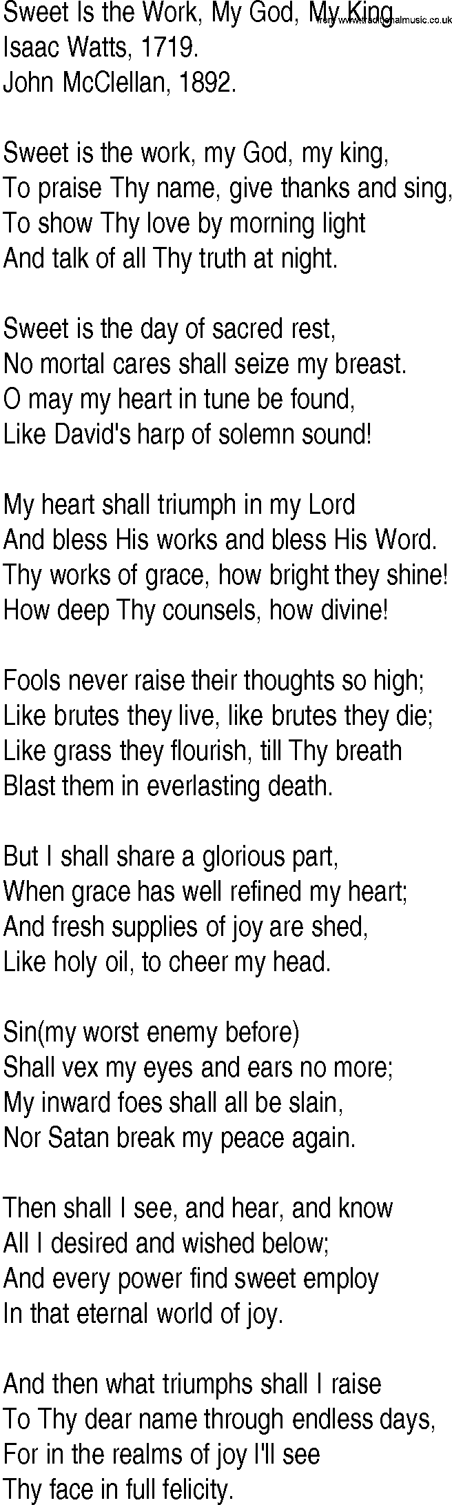 Hymn and Gospel Song: Sweet Is the Work, My God, My King by Isaac Watts lyrics