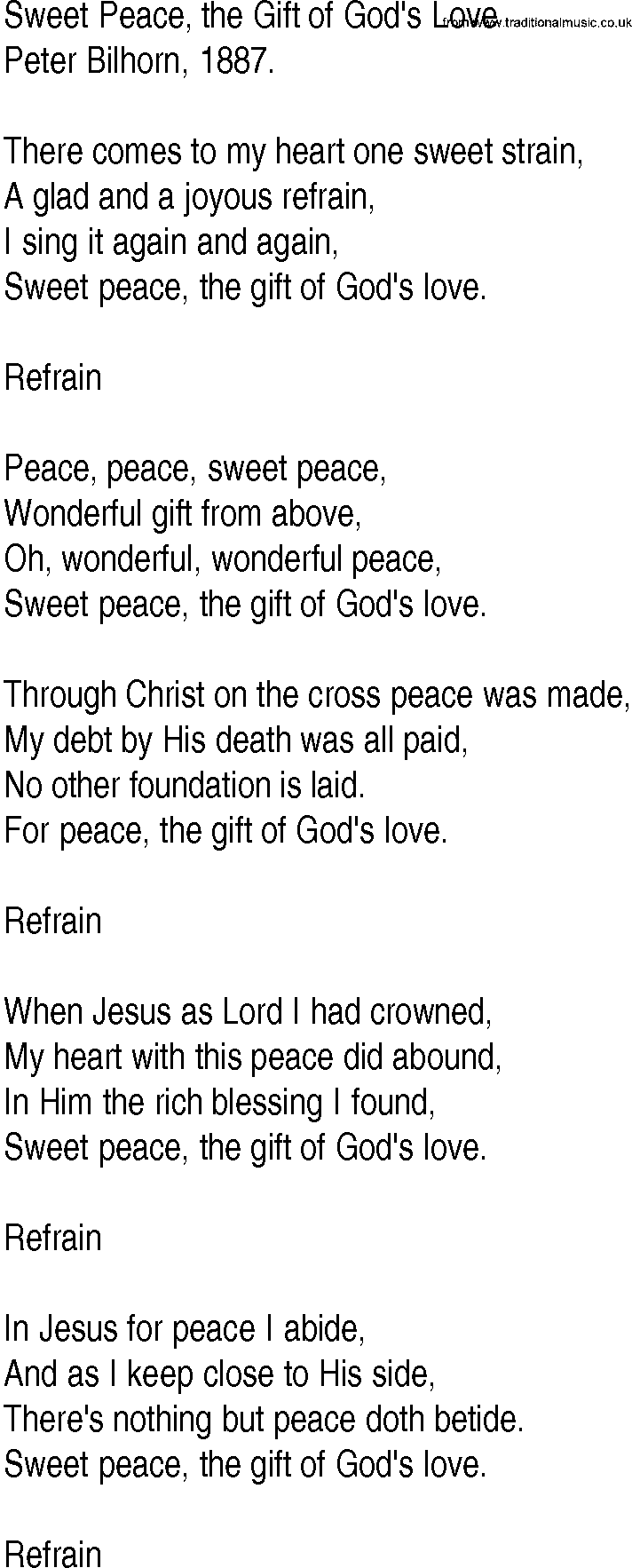 Hymn and Gospel Song: Sweet Peace, the Gift of God's Love by Peter Bilhorn lyrics