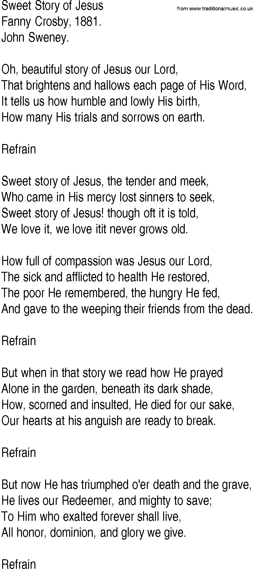 Hymn and Gospel Song: Sweet Story of Jesus by Fanny Crosby lyrics