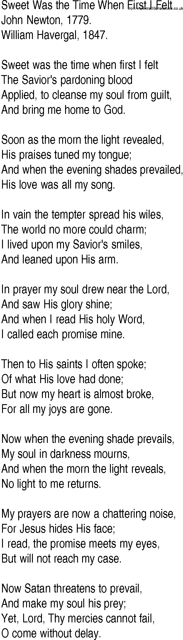 Hymn and Gospel Song: Sweet Was the Time When First I Felt by John Newton lyrics