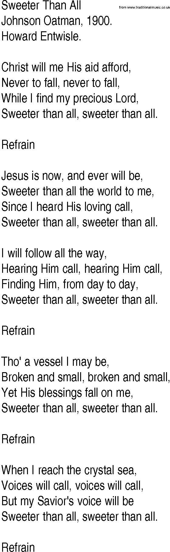 Hymn and Gospel Song: Sweeter Than All by Johnson Oatman lyrics