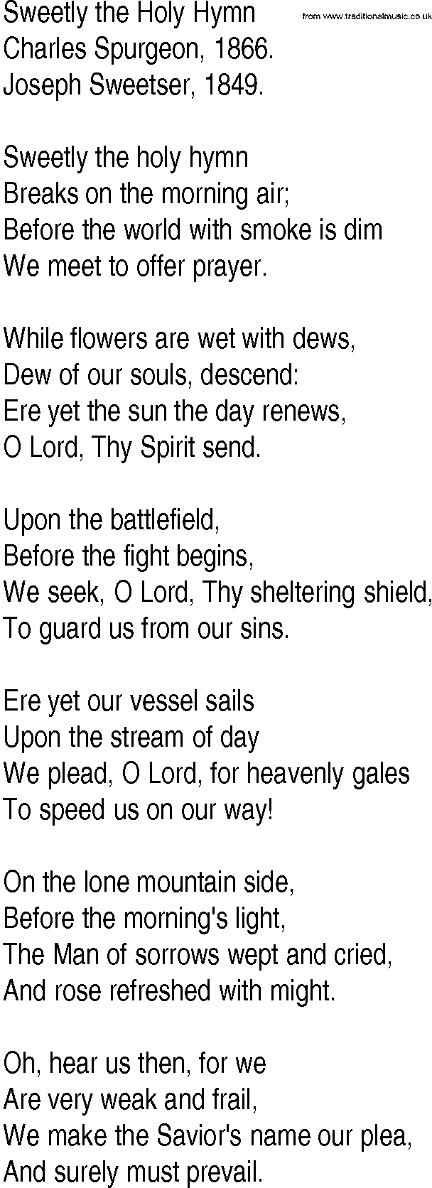 Hymn and Gospel Song: Sweetly the Holy Hymn by Charles Spurgeon lyrics