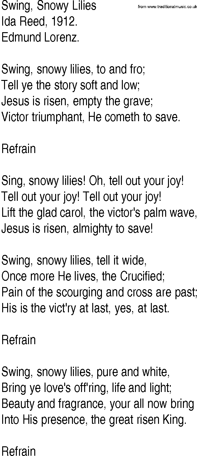 Hymn and Gospel Song: Swing, Snowy Lilies by Ida Reed lyrics