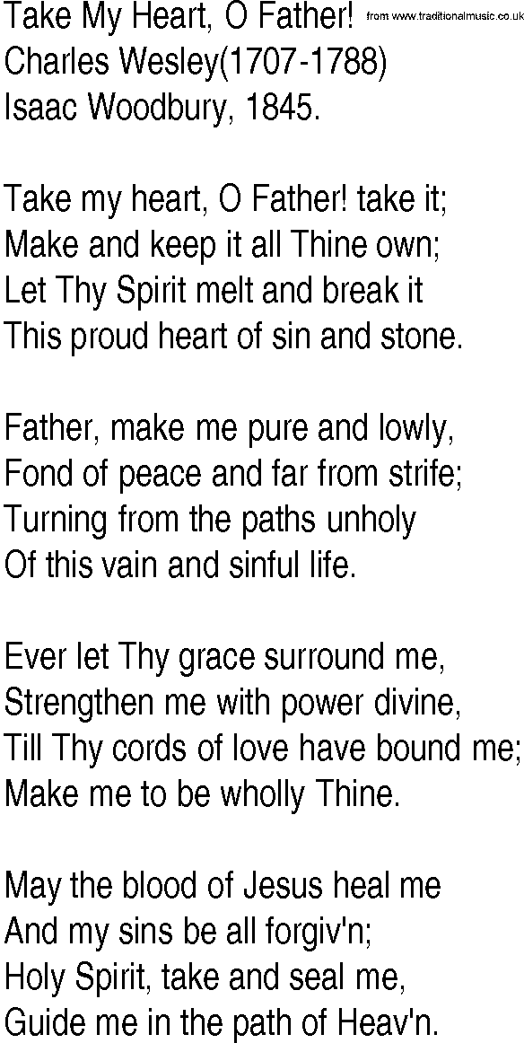 Hymn and Gospel Song: Take My Heart, O Father! by Charles Wesley lyrics