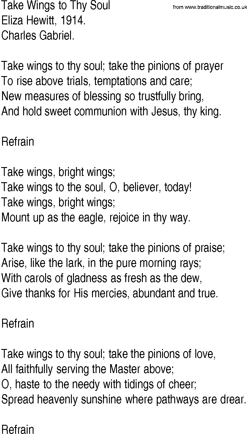Hymn and Gospel Song: Take Wings to Thy Soul by Eliza Hewitt lyrics