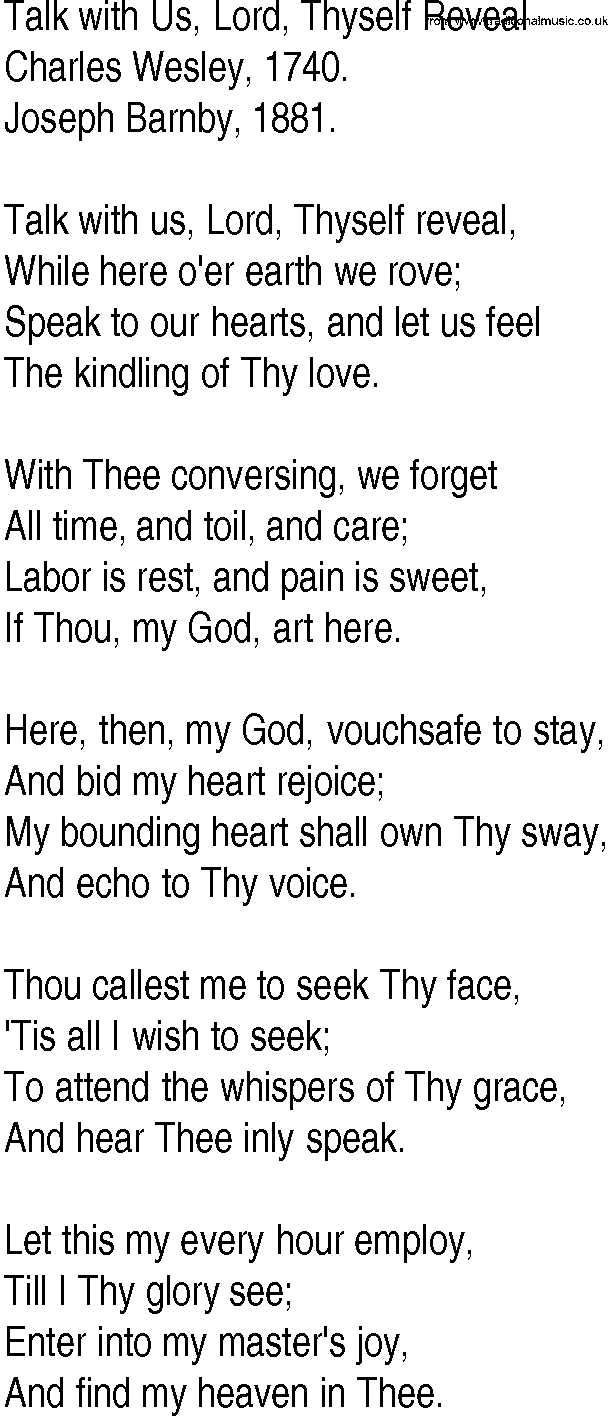 Hymn and Gospel Song: Talk with Us, Lord, Thyself Reveal by Charles Wesley lyrics