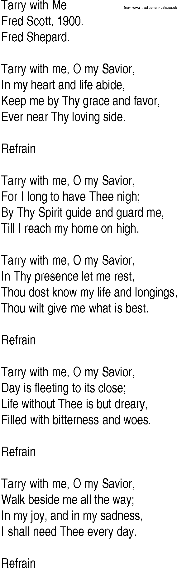 Hymn and Gospel Song: Tarry with Me by Fred Scott lyrics