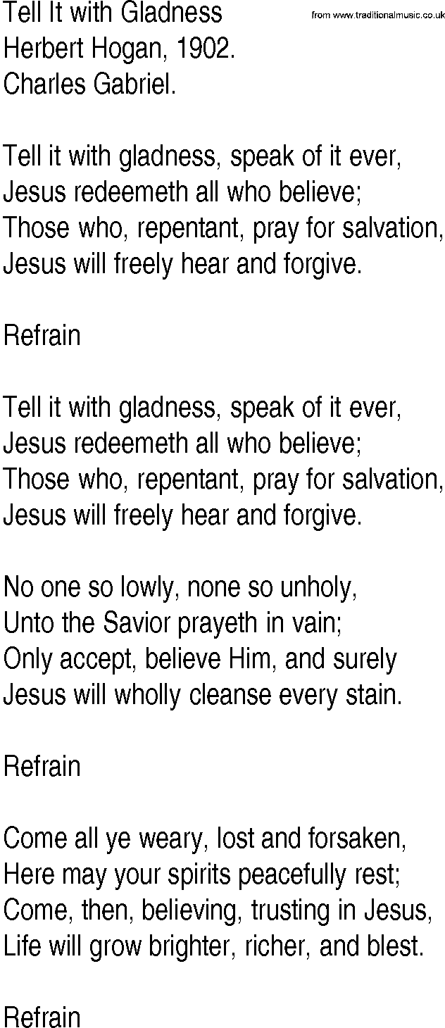 Hymn and Gospel Song: Tell It with Gladness by Herbert Hogan lyrics