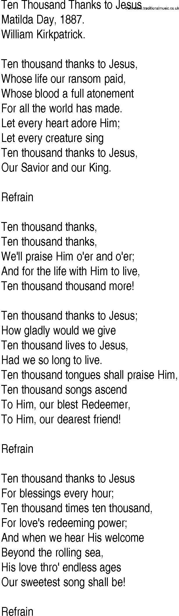 Hymn and Gospel Song: Ten Thousand Thanks to Jesus by Matilda Day lyrics