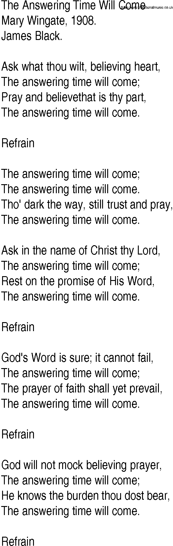 Hymn and Gospel Song: The Answering Time Will Come by Mary Wingate lyrics