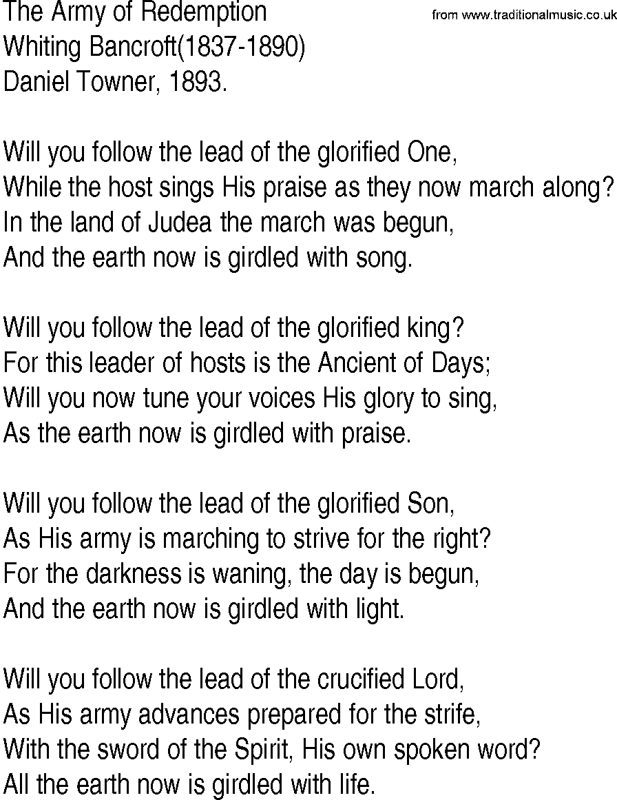 Hymn and Gospel Song: The Army of Redemption by Whiting Bancroft lyrics